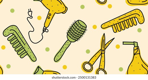 Colorful Doodle seamless Hairdressing pattern with multicolored dots: scissors, hair dryer, comb, atomizer, hairbrush. Vector hand drawn, not AI illustration isolated on beige background	