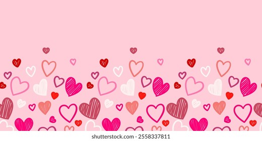 Colorful doodle seamless heart pattern on pink background. Valentines seamless pattern for background banner textiles.
