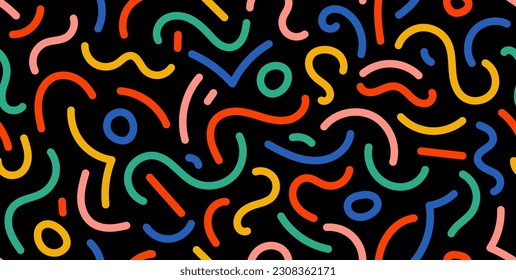 Colorful doodle seamless pattern. Abstract squiggle repeating background. Simple scribbles and shapes wallpaper. Textile or fabric print design swatch. Vector backdrop.