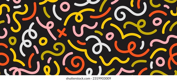 Farbiges, nahtloses Muster der Doodle. Abstrakte Ringellinie, die den Hintergrund wiederholt. Einfache Schriftzeichen, Spiralen und Formen Tapete. Die Armbanduhr für Textil- oder Stoffdruck. Vektorhintergrund.