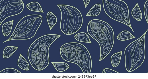 Colorful doodle seamless pattern with abstract line leaves. Vector hand drawn, not AI multicolored illustration for business, wallpaper, wrapping, textile on blue background