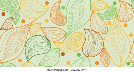 Colorful doodle seamless pattern with abstract line leaves in green, yellow, orange colours. Vector hand drawn, not AI multicolored illustration for wallpaper, wrapping, textile on blue background	