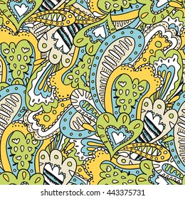 Colorful doodle seamless pattern background in turquoise, yellow and green colors