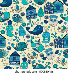 Colorful doodle seamless pattern with birds. Can be used for wallpaper, pattern fills, web page background, surface textures.