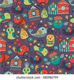 Colorful doodle seamless pattern with birds. Can be used for wallpaper, pattern fills, web page background, surface textures.