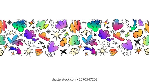 Colorful doodle seamless pattern border graffiti style with blown abstract, hearts, arrows.Vector illustration for fabric prints, wallpapers, stationery,packaging, gift wrapping,digital backgrounds