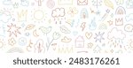 Colorful doodle seamless pattern with childish drawing elements. Pencil or pen doodle style seamless pattern with cute crowns, hearts, stars, houses and sun. Vector wallpaper for kids stationery.