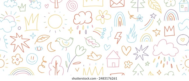 Colorful doodle seamless pattern with childish drawing elements. Pencil or pen doodle style seamless pattern with cute crowns, hearts, stars, houses and sun. Vector wallpaper for kids stationery.