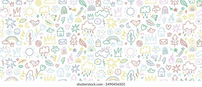 Colorful doodle seamless pattern with childish drawing elements. Pencil or pen doodle style seamless pattern with cute crowns, hearts, stars, houses and sun. Vector wallpaper for kids stationery.