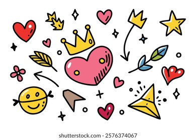 Colorful doodle seamless pattern with childish drawing elements. Pencil or pen doodle style seamless pattern with cute crowns, hearts, stars.