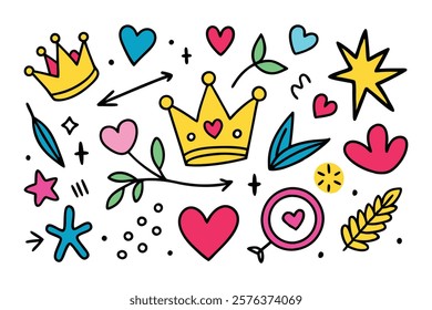 Colorful doodle seamless pattern with childish drawing elements. Pencil or pen doodle style seamless pattern with cute crowns, hearts, stars.