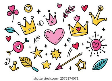 Colorful doodle seamless pattern with childish drawing elements. Pencil or pen doodle style seamless pattern with cute crowns, hearts, stars.