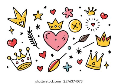 Colorful doodle seamless pattern with childish drawing elements. Pencil or pen doodle style seamless pattern with cute crowns, hearts, stars.