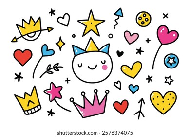 Colorful doodle seamless pattern with childish drawing elements. Pencil or pen doodle style seamless pattern with cute crowns, hearts, stars.