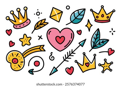 Colorful doodle seamless pattern with childish drawing elements. Pencil or pen doodle style seamless pattern with cute crowns, hearts, stars.