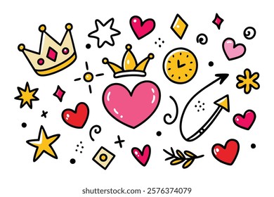 Colorful doodle seamless pattern with childish drawing elements. Pencil or pen doodle style seamless pattern with cute crowns, hearts, stars.