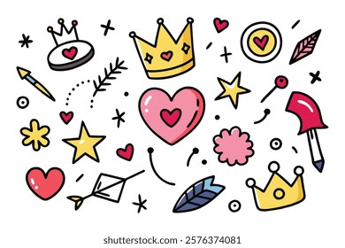 Colorful doodle seamless pattern with childish drawing elements. Pencil or pen doodle style seamless pattern with cute crowns, hearts, stars.