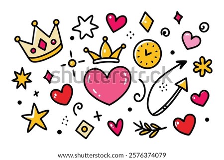 Colorful doodle seamless pattern with childish drawing elements. Pencil or pen doodle style seamless pattern with cute crowns, hearts, stars.