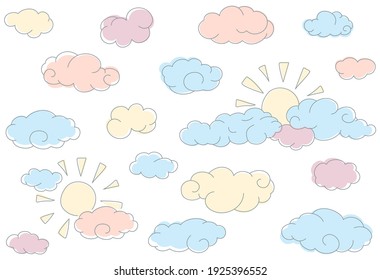 Colorful doodle seamless pattern with clouds and sun.