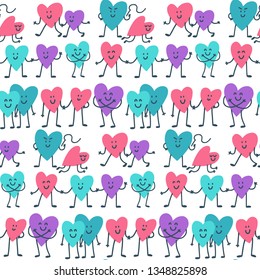 Colorful doodle seamless pattern with funny and cute heart characters. Love diversity,  LGBT and types of relationships concept. Web or print background, design element.