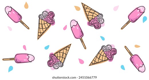 Colorful Doodle seamless pattern Ice Cream in beige cone and popsicle on beige stick in violet and pink colors. Vector illustration for cards, business, banners, textile, wrapping, wallpaper	