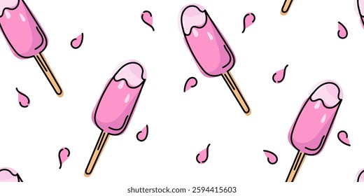 Colorful Doodle seamless pattern Ice Cream popsicle on beige stick in violet and pink colors. Vector, hand drawn, not AI illustration for cards, business, banners, textile, wrapping	