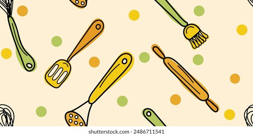 Colorful Doodle seamless pattern Kitchen utensil: wire whisk, spatula, rolling pin, masher. Vector hand drawn, not AI illustration in green, orange, red, yellow, brown colors on beige background	