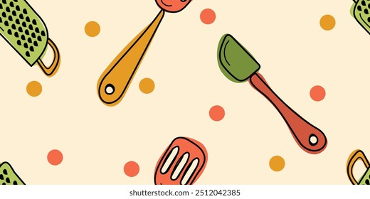 Colorful Doodle seamless pattern Kitchen utensil: gratter, silicone spatula, metal turner. Vector hand drawn, not AI illustration in green, orange, red, yellow, brown colors on beige background	