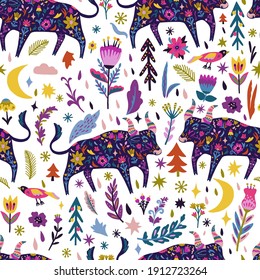 El doodle colorido combina a la perfección con el buey y las flores. 