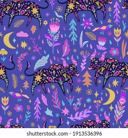 Colorful doodle seamless pattern with ox and flowers. 
