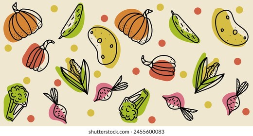 Colorful Doodle seamless pattern Vegetables: pumpkin, corn, cucumber, potato, pepper, broccoli. Vector hand drawn illustration done in green, orange, red, yellow colors. Isolated on beige background	