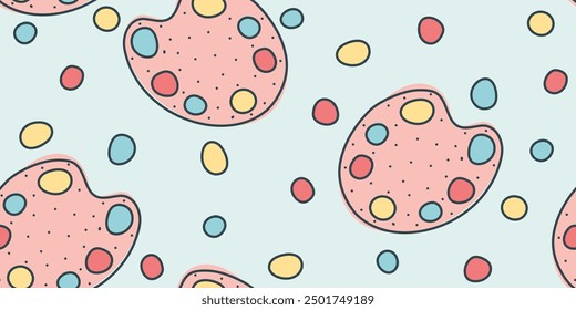 Colorful Doodle seamless School pattern: paint palette. Vector hand drawn, not AI illustration in red, yellow, pink colours on blue background for business, wallpaper, wrapping, textile