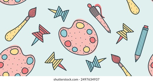 Colorful Doodle seamless School supplies pattern: paper clips, paint palette, pencil, brush, pen. Vector hand drawn, not AI illustration in red, yellow, pink colours on blue background