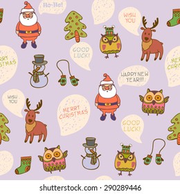 colorful doodle seamless vector christmas pattern with santa claus