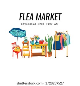 Colorful doodle second hand shop at weekend flea market poster or banner, all on white background, illustration, vector.