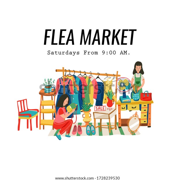 Colorful doodle second hand shop with shoppers at\
weekend flea market poster or banner, all on white background,\
illustration, vector.