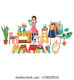 Colorful doodle second hand vintage shop at weekend flea market with clothing, accessories, and furnitures, all on white background, illustration, vector.