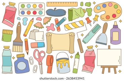 Colorful doodle set of artistic supplies. Vector illustration includes vibrant hand-drawn elements such as colored pencils, paint brushes, palettes, paint tubes, sketchbooks, and other creative tools.