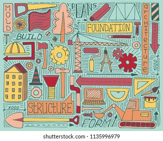 Colorful doodle set with construction, design and mechanism elements. 