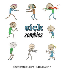 Colorful doodle set of Halloween characters walking with arms raised like zombie. Various health problems. Illness, vitamin deficiency concept. Isolated on white background.