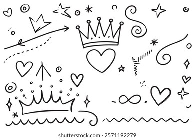 Colorful Doodle Set with Hand Drawn Hearts, Crowns, Arrows, and Stars in Vibrant Marker Styles on a White Background