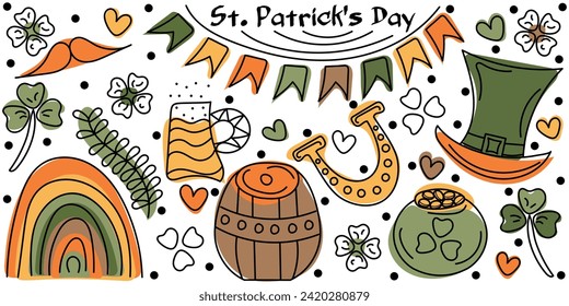 Colorful Doodle set Happy St Patrick's Day with text and black dots. Vector hand drawn illustration done in black, yellow, green, orange and brown colors. Isolated on white background