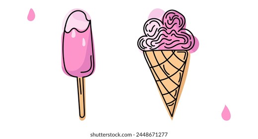 Colorful Doodle set Ice Cream in beige cone and popsicle on beige stick in violet and pink colors. Vector illustration for cards, business, banners, textile, wallpaper, wrapping	