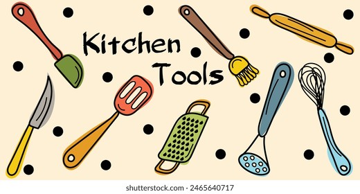 Colorful Doodle set Kitchen utensil: wire whisk, spatula, rolling pin, knife, gratter. Vector hand drawn illustration in green, orange, red, yellow, brown, blue colors. Isolated on beige background