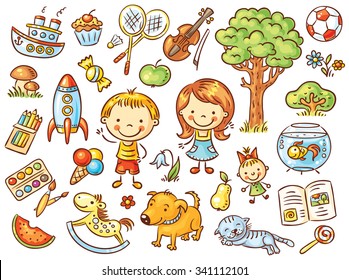 Colorful doodle set of objects from a child's life including pets, toys, food, plants and things for sport and creative activities