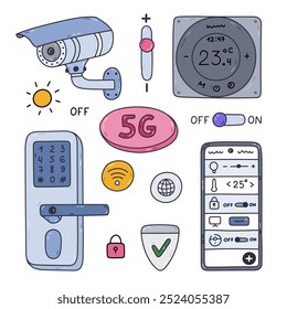Conjunto de doodle colorido com dispositivos inteligentes de segurança para a segurança da casa, vigilância, controle via telefone. Câmera de segurança desenhada à mão, trava da porta de inteligência, termostato remoto para proteger a propriedade.