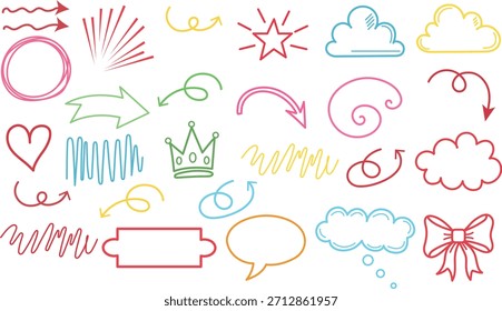Farbenfrohe Doodle-Set mit Pfeilen, Sprechblasen, Herzen, Schnörkel, Sternen und charmanten Skizzenformen
