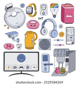 Colorful doodle set of smart devices for entertainment, secure, clean home. Hand drawn intelligence machine with remote control via phone. Collection of Internet of things isolated on background.