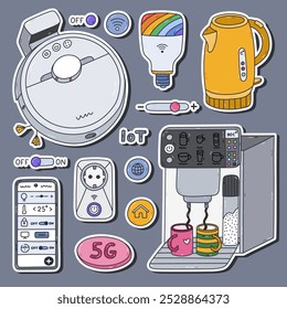 Colorful doodle set of stickers with Internet of things and network clipart for planners, notebooks. Ready for print list of cute stickers. Smart home devices for remote housework, control.