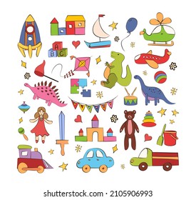 Colorful doodle set of toys. Vector illustration on isolated background